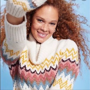 LOFT Fair Isle Turtleneck Sweater SMALL Neutral/Multi GUC